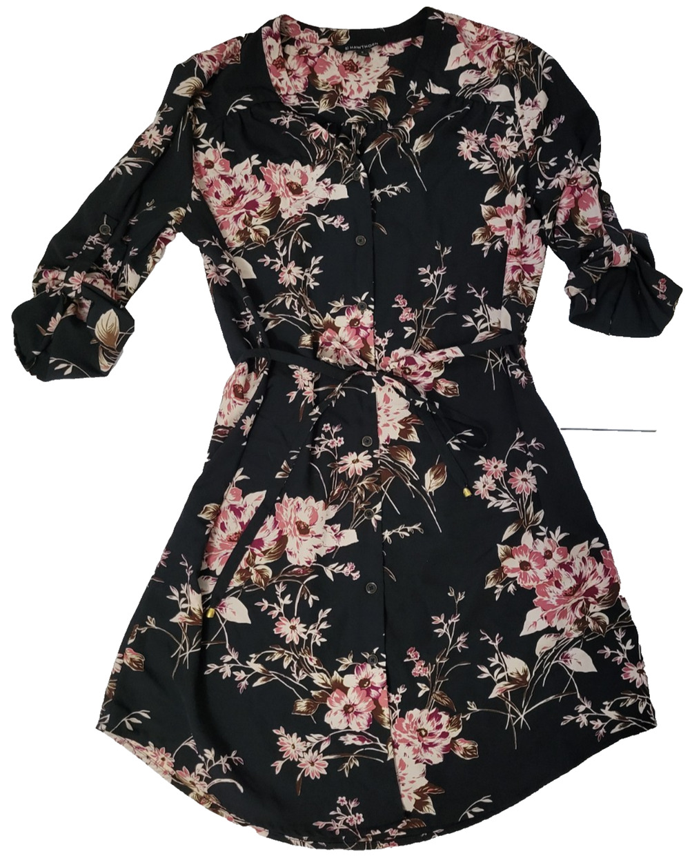 41 Hawthorn Womens M Christen Black Floral Button Front Tie Waist Shirt Dress